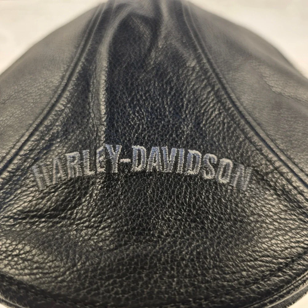 Harley Davidson Mens Black Leather Cap Flat Hat Biker Logo Genuine MotorClothes